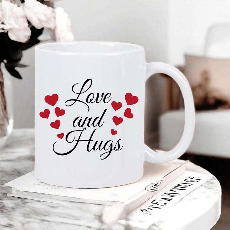Tailorly White Ceramic 11 oz Mug - Love And Hugs Elegant Script Typography Decorated With Small Delicate Red Hearts