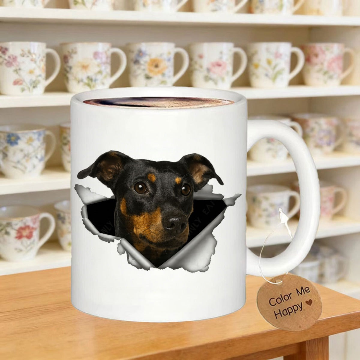 Tailorly White Ceramic 11 oz Mug - Color Me Happy Realistic Black And Tan Canine Peeking Through Broken White Surface Dog