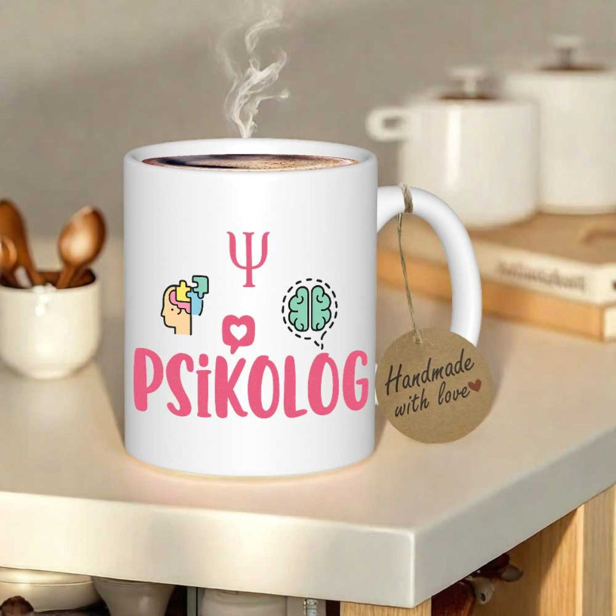 Tailorly White Ceramic 11 oz Mug - Handmade With Love Artistic Psychology Icons Featuring Heart And Brain In Soft Colors Mug