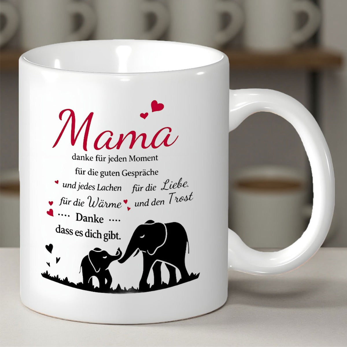 Tailorly White Ceramic 11 oz Mug - Silhouette Of Mother And Child Elephant Touching Trunks With Red Hearts Elephant
