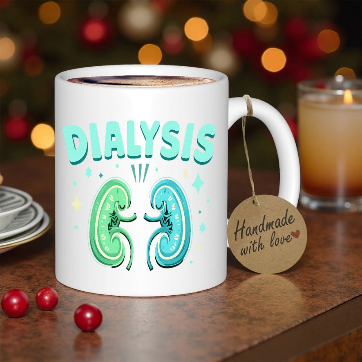 Tailorly White Ceramic 11 oz Mug - Dialysis Friendly Smiling Cartoon Human Organs Decorated With Bright Sparkles Kidney