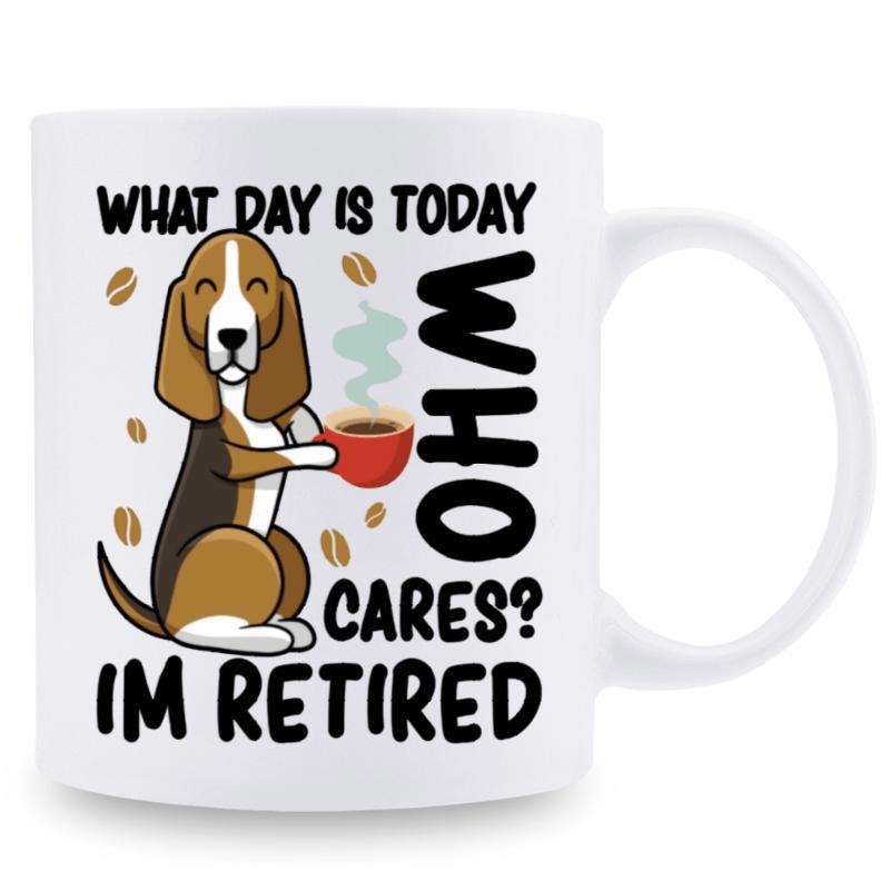 Tailorly White Ceramic 11 oz Mug - What Day Is Today Who Cares Im Retired Sitting Canine Holding Steaming Red Cup Surrounded By Floating Coffee Beans Beagle