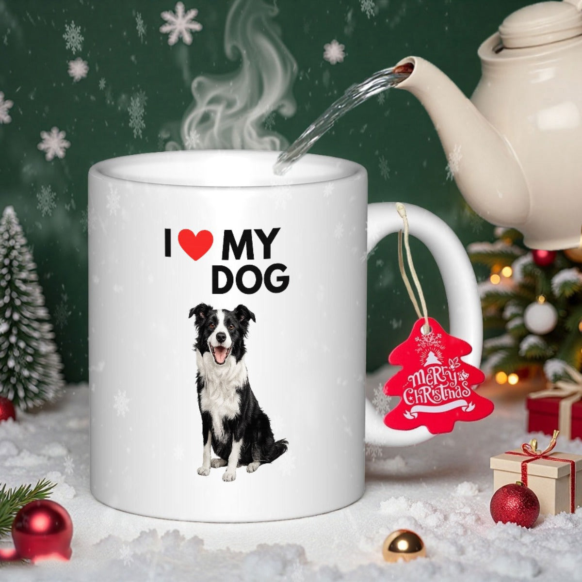 Tailorly White Ceramic 11 oz Mug - I My Dog Loyal Border Collie Sitting Patiently Among Festive Winter Snow Decorations Dog