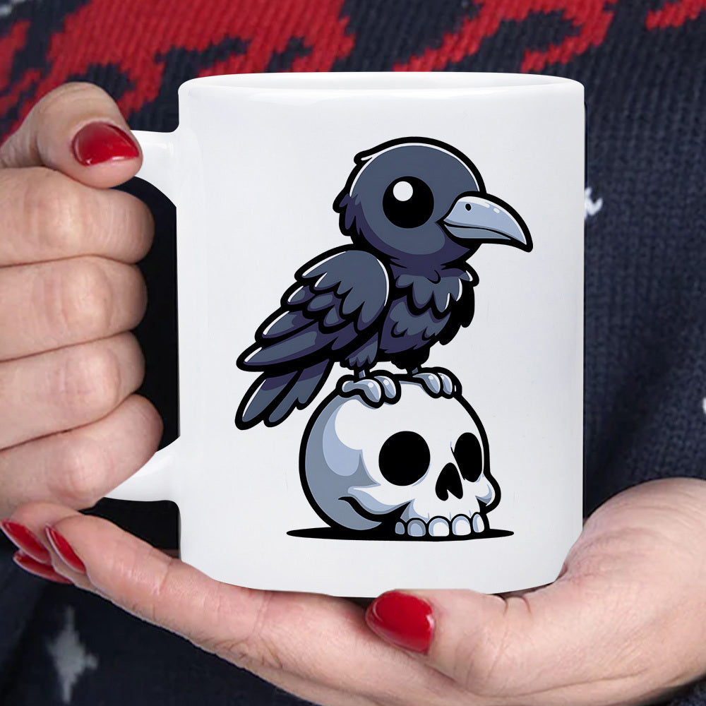 Tailorly White Ceramic 11 oz Mug - Cute Gothic Style Bird Perched Atop A Human Skull Drawing Raven
