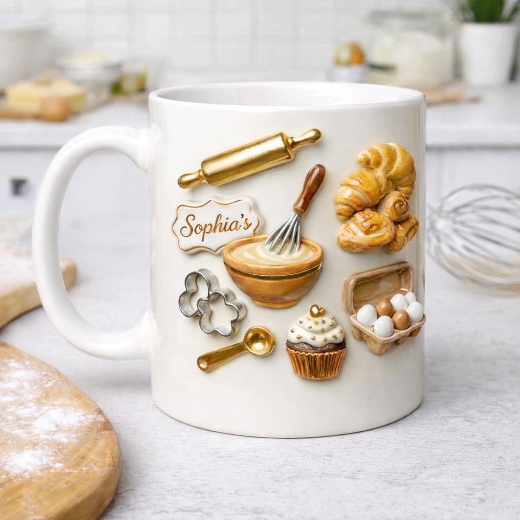 Tailorly White Ceramic 11 oz Mug - Sophies Golden Rolling Pin Whisk And Cupcake Among Various Professional Baking Tools Kitchenware