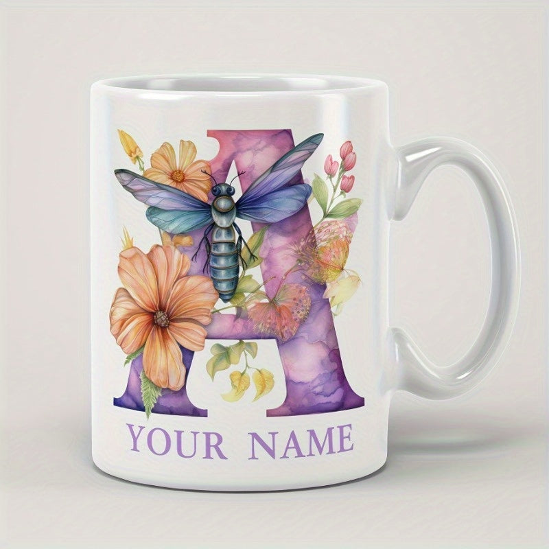 Tailorly White Ceramic 11 oz Mug - Your Name Purple Watercolor Letter Featuring Vibrant Flowers And Winged Insect Bee