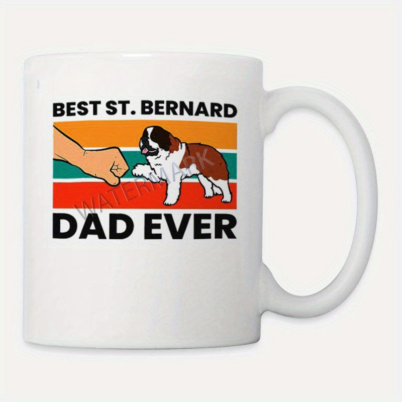 Tailorly White Ceramic 11 oz Mug - Best St Bernard Dad Ever Retro Sunset Stripes Background Hand Giving Fist Bump To Loyal St Bernard