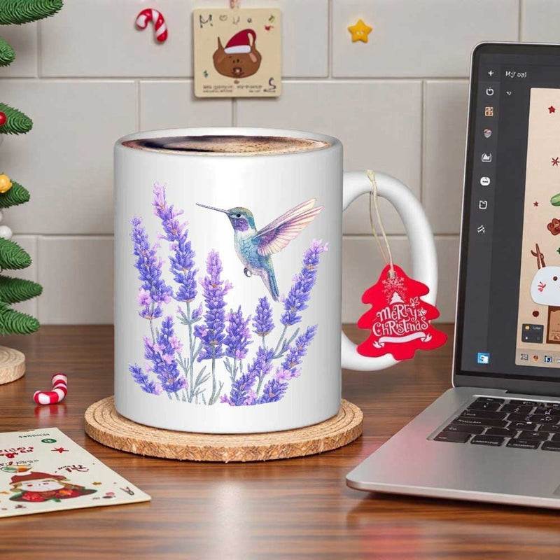 Tailorly White Ceramic 11 oz Mug - Elegant Blue Bird Hovering Near Beautiful Purple Scented Garden Flowers Hummingbird