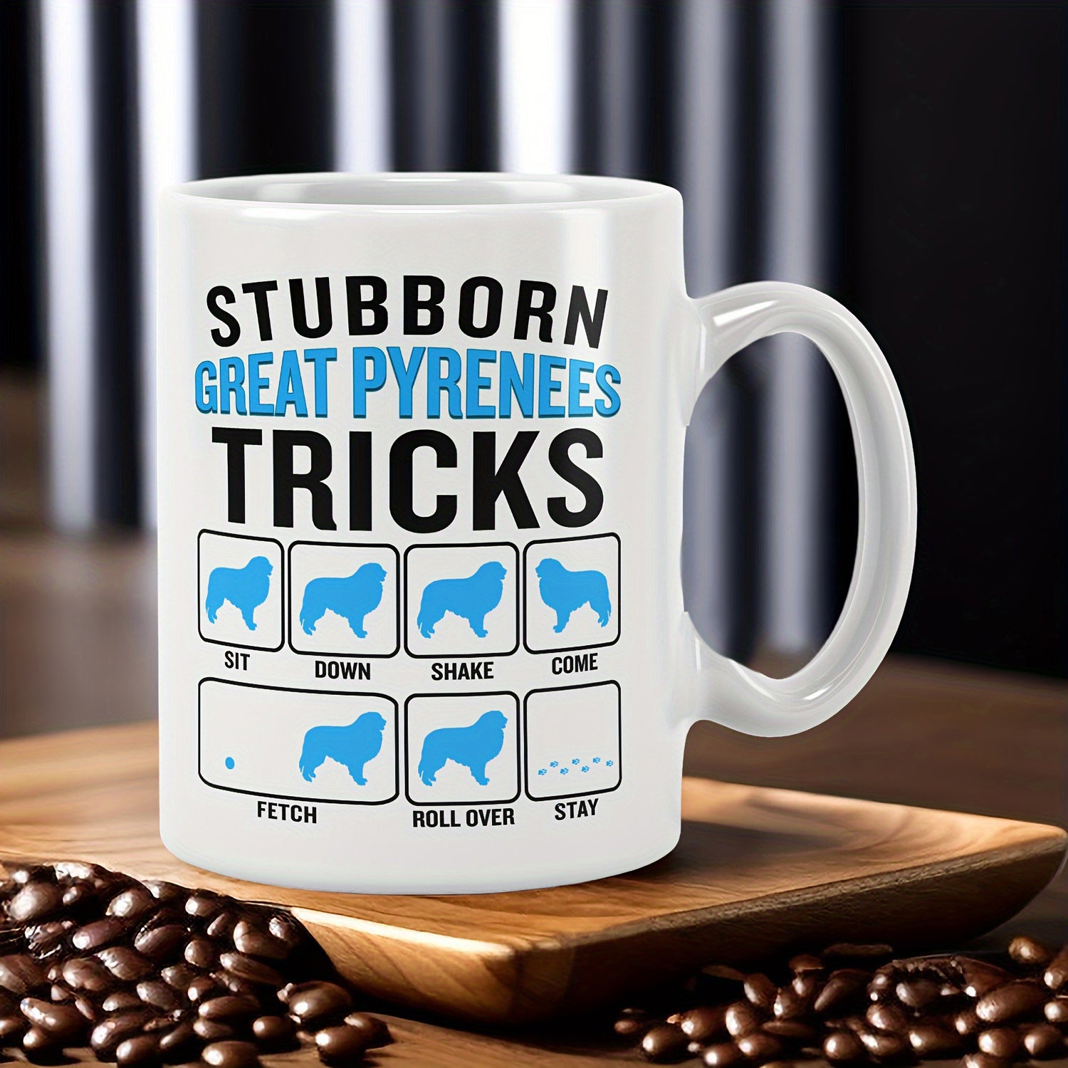Tailorly White Ceramic 11 oz Mug - Stubborn Great Pyrenees Tricks Simple Blue Silhouettes Of A Fluffy Dog Posed In Square Frames Great Pyrenees