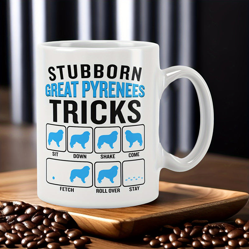 Tailorly White Ceramic 11 oz Mug - Stubborn Great Pyrenees Tricks Simple Blue Silhouettes Of A Fluffy Dog Posed In Square Frames Great Pyrenees