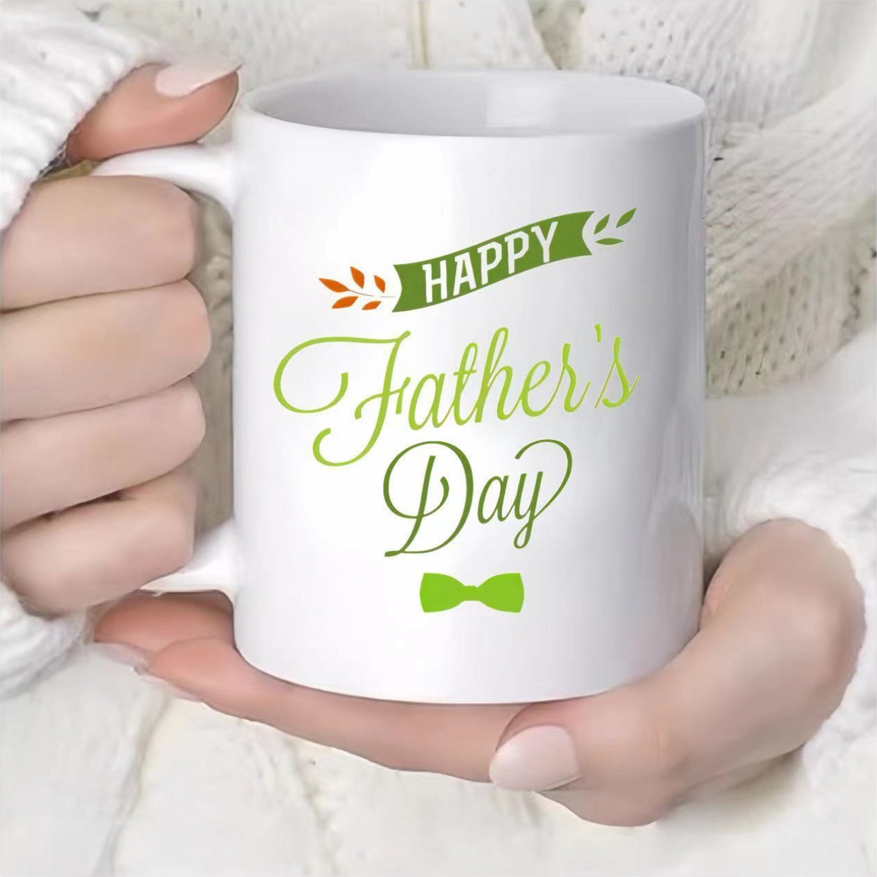 Tailorly White Ceramic 11 oz Mug - Happy Father's Day Green Ribbon With Elegant Cursive Script And Small Vibrant Bowtie