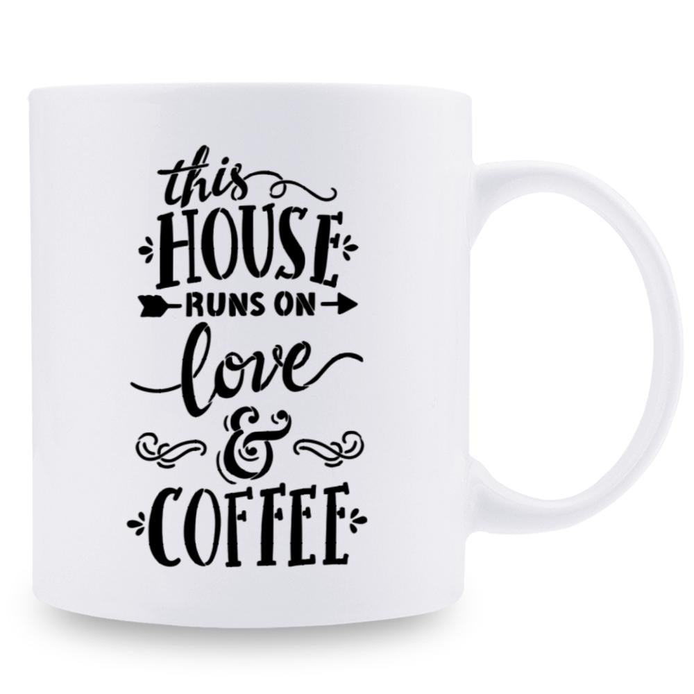 Tailorly White Ceramic 11 oz Mug - This House Runs On Love Coffee Elegant Hand Lettered Script With Decorative Arrows And Artistic Flourishes Sign