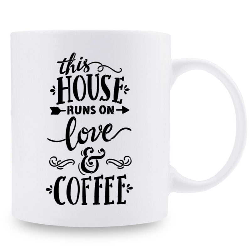 Tailorly White Ceramic 11 oz Mug - This House Runs On Love Coffee Elegant Hand Lettered Script With Decorative Arrows And Artistic Flourishes Sign