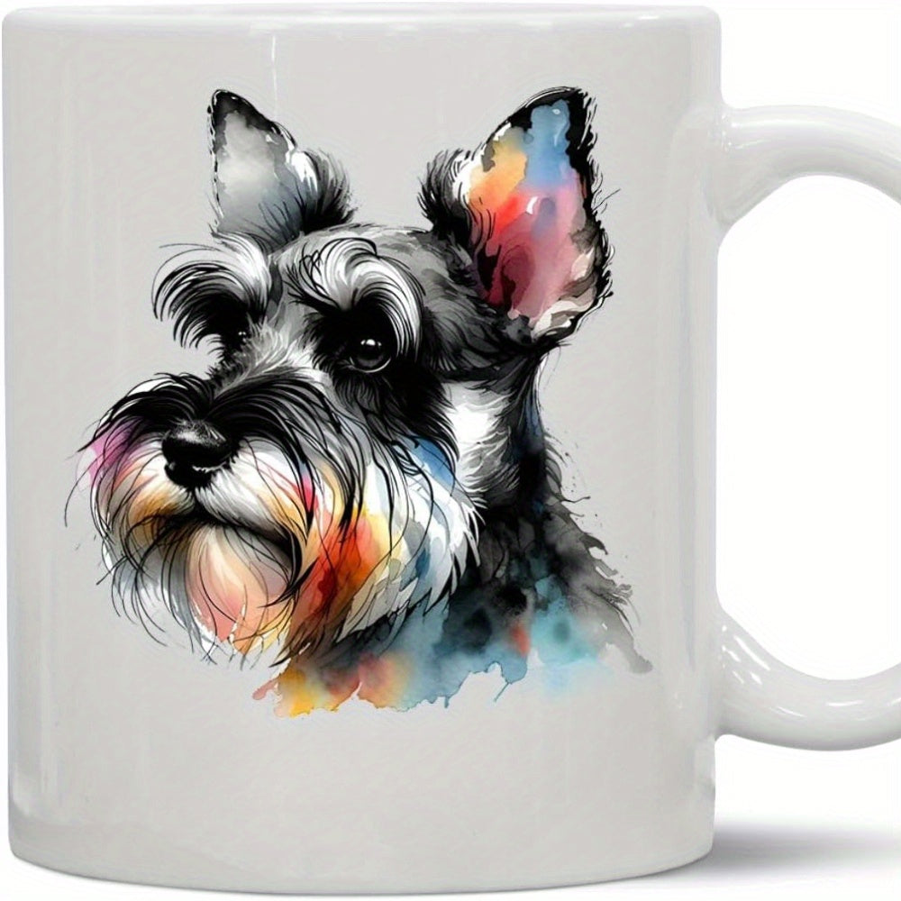 Tailorly White Ceramic 11 oz Mug - Vibrant Watercolor Style Portrait With Colorful Accents Showcasing A Loyal Majestic Schnauzer