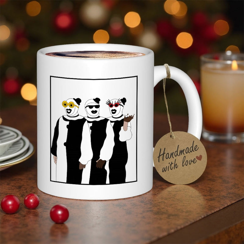 Tailorly White Ceramic 11 oz Mug - Three Fashionable Pandas Wearing Colorful Sunglasses Posing In Minimalist Stylized Artistic Panda