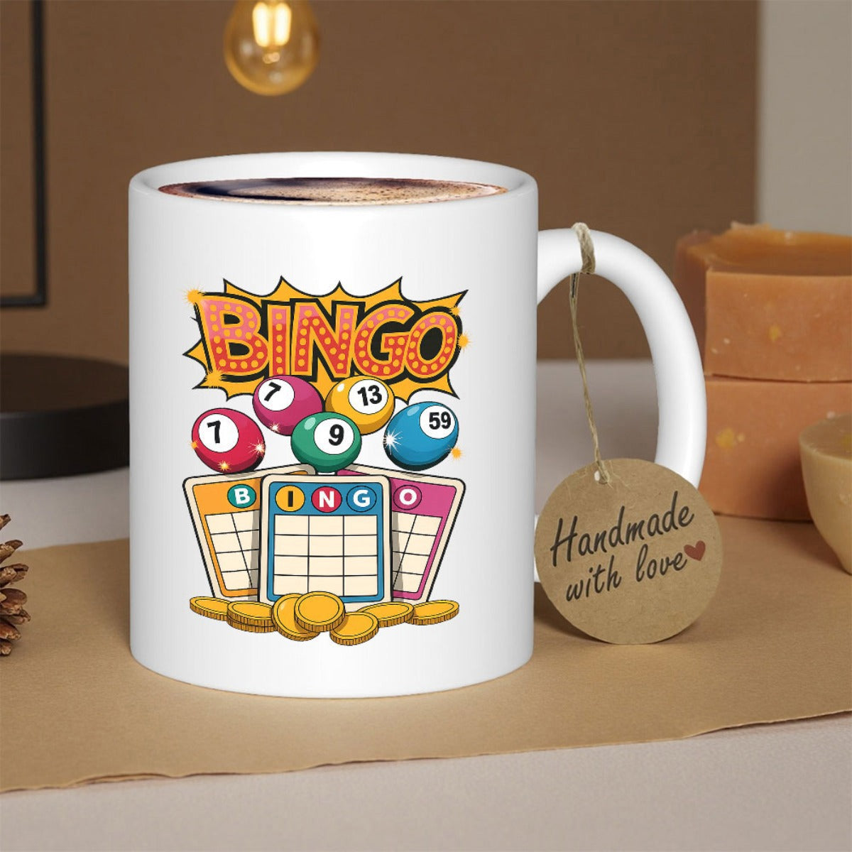 Tailorly White Ceramic 11 oz Mug - Bingo Colorful Lottery Balls Floating Over Classic Grid Cards With Gold Coins Bingo