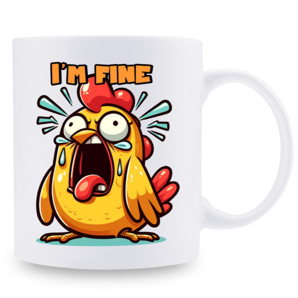 Tailorly White Ceramic 11 oz Mug - Im Fine Stressed Screaming Cartoon Yellow Bird With Wide Open Mouth Chicken