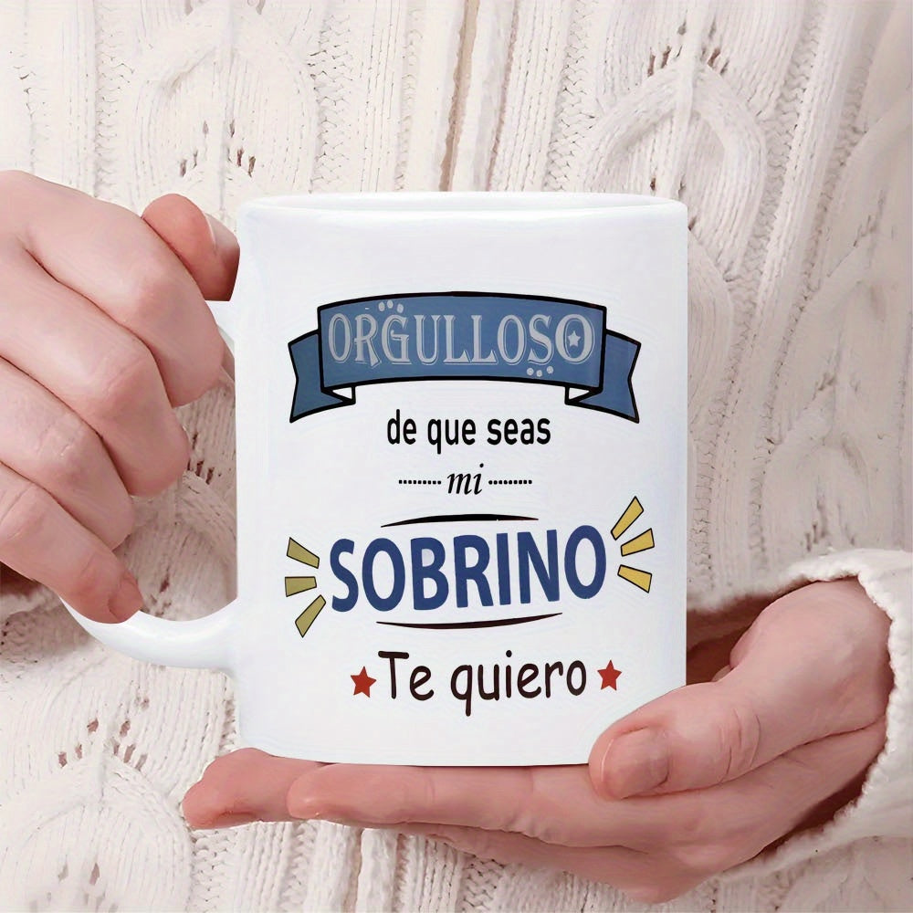 Tailorly White Ceramic 11 oz Mug - Minimalist White Ceramic Vessel Featuring Decorative Blue Ribbon Banner And Stars Mug
