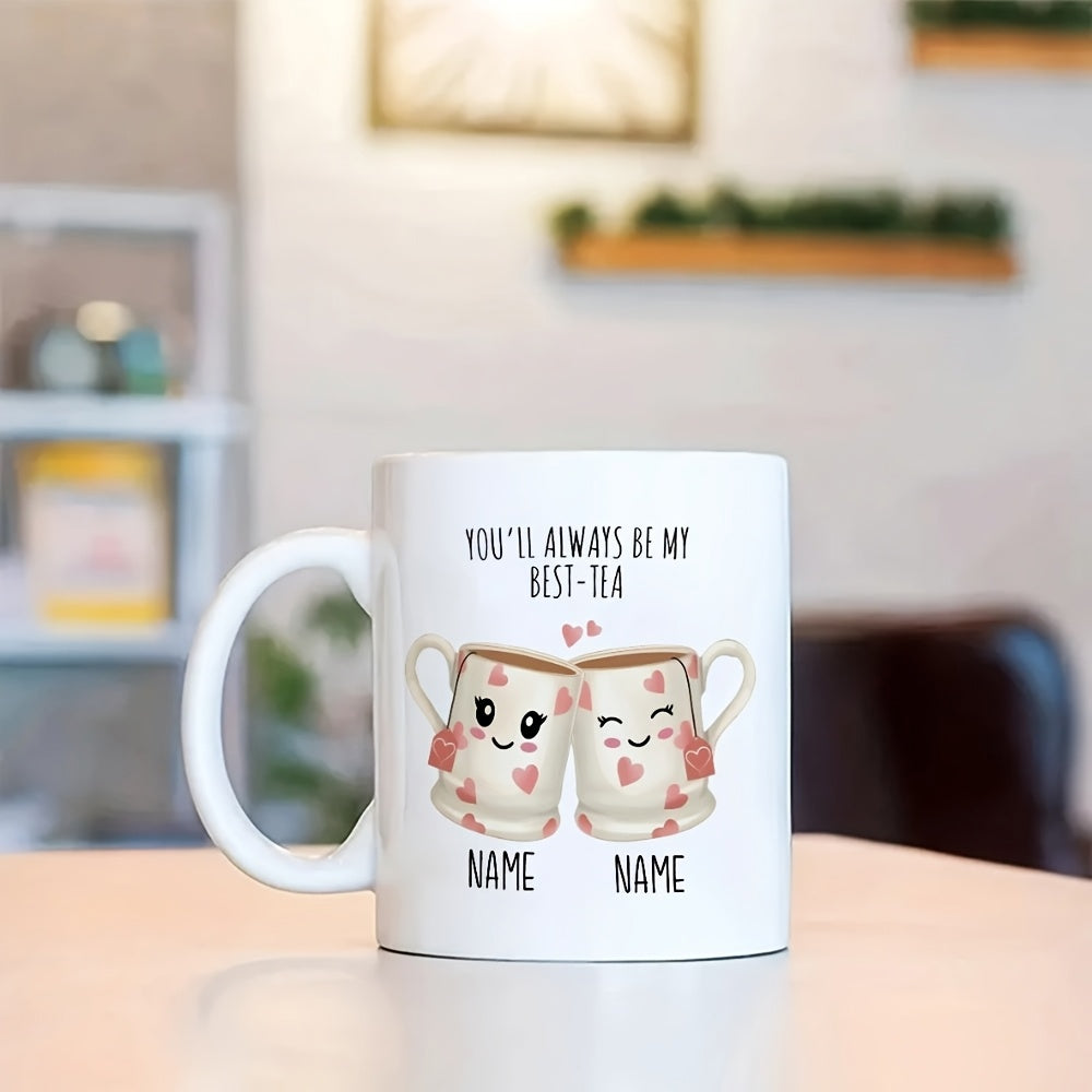 Tailorly White Ceramic 11 oz Mug - Youll Always Be My Best Tea Two Cute Smiling Cartoon Mugs Clinking Together With Tiny Pink Hearts Mugs