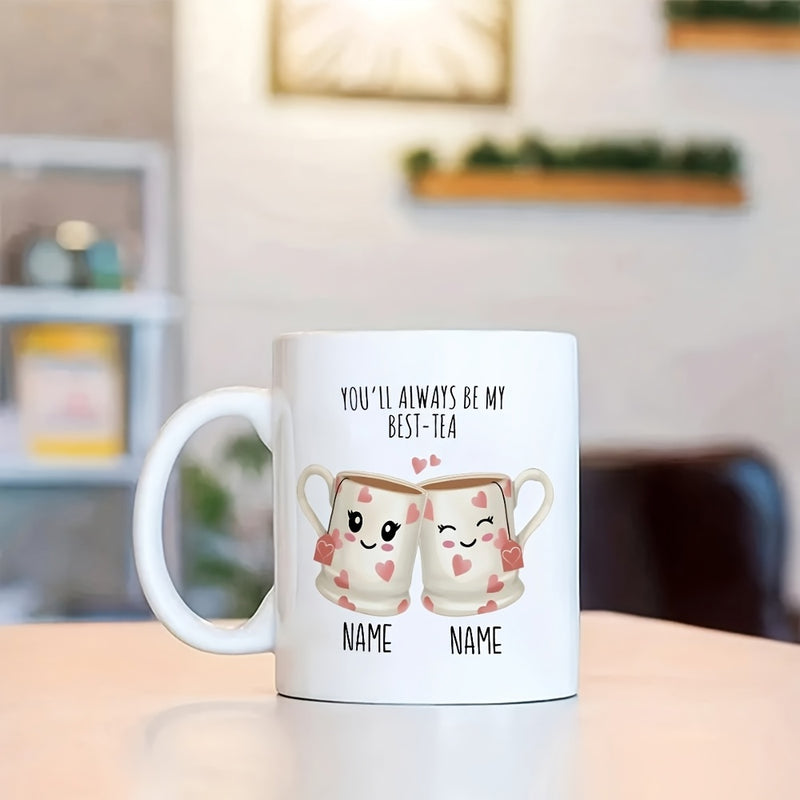 Tailorly White Ceramic 11 oz Mug - Youll Always Be My Best Tea Two Cute Smiling Cartoon Mugs Clinking Together With Tiny Pink Hearts Mugs