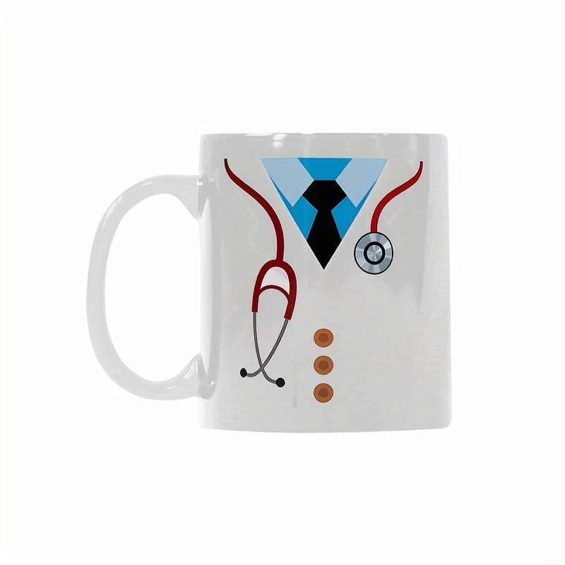 Tailorly White Ceramic 11 oz Mug - Minimalist Professional Medical Uniform Featuring Blue Shirt And Red Stethoscope Lab Coat