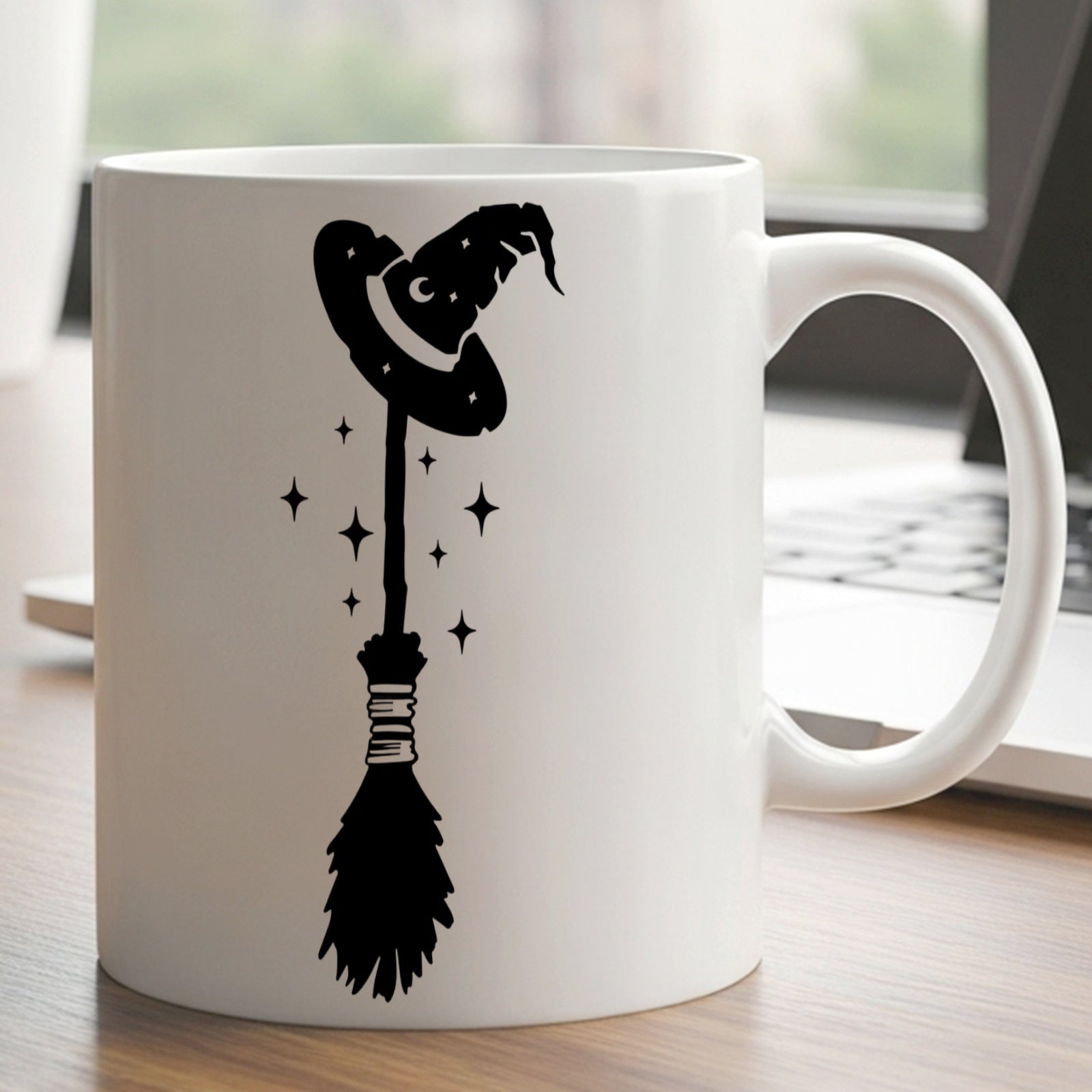 Tailorly White Ceramic 11 oz Mug - Mystical Black Silhouette Witch Hat Resting On A Magical Sparkling Halloween Broomstick