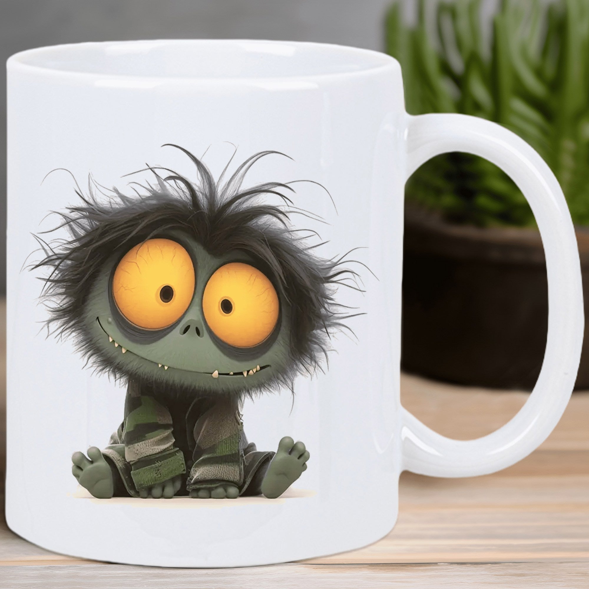 Tailorly White Ceramic 11 oz Mug - Whimsical Little Furry Creature With Messy Hair And Large Yellow Eyes Monster