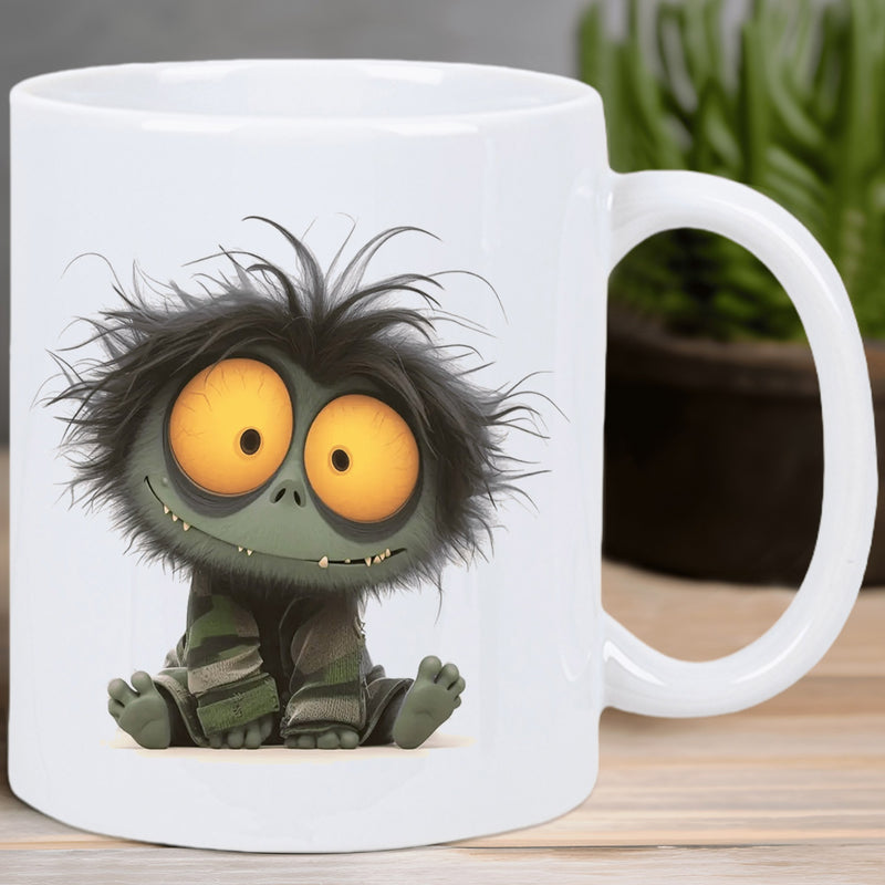 Tailorly White Ceramic 11 oz Mug - Whimsical Little Furry Creature With Messy Hair And Large Yellow Eyes Monster