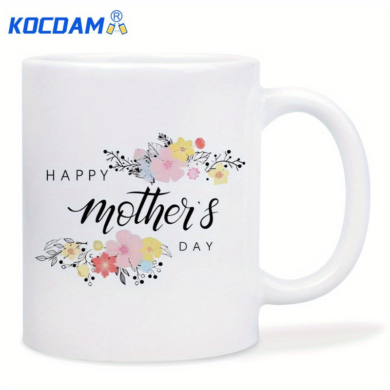 Tailorly White Ceramic 11 oz Mug - Happy Mothers Day Elegant Pastel Floral Patterns Blooming With Delicate Black Outlined Botanical Petals Flower