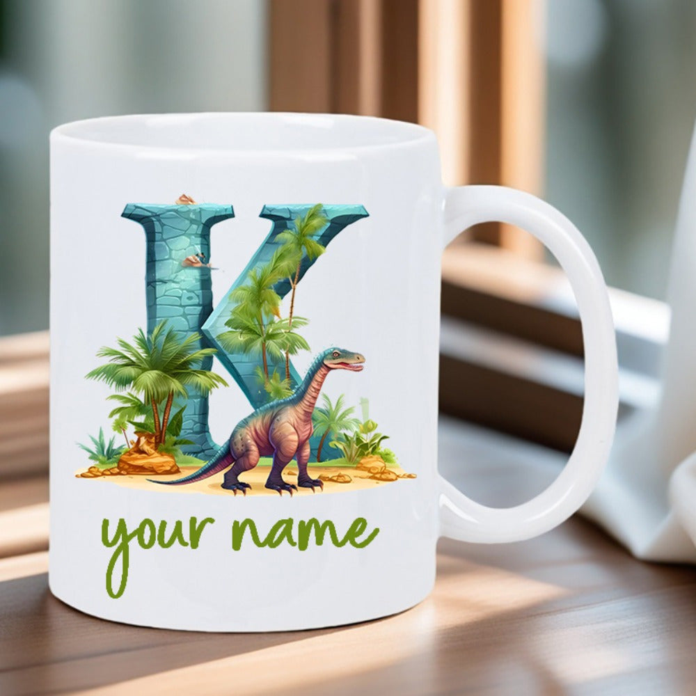 Tailorly White Ceramic 11 oz Mug - Your Name Vibrant Tropical Landscape Featuring Palm Trees And A Large Blue Letter Dinosaur