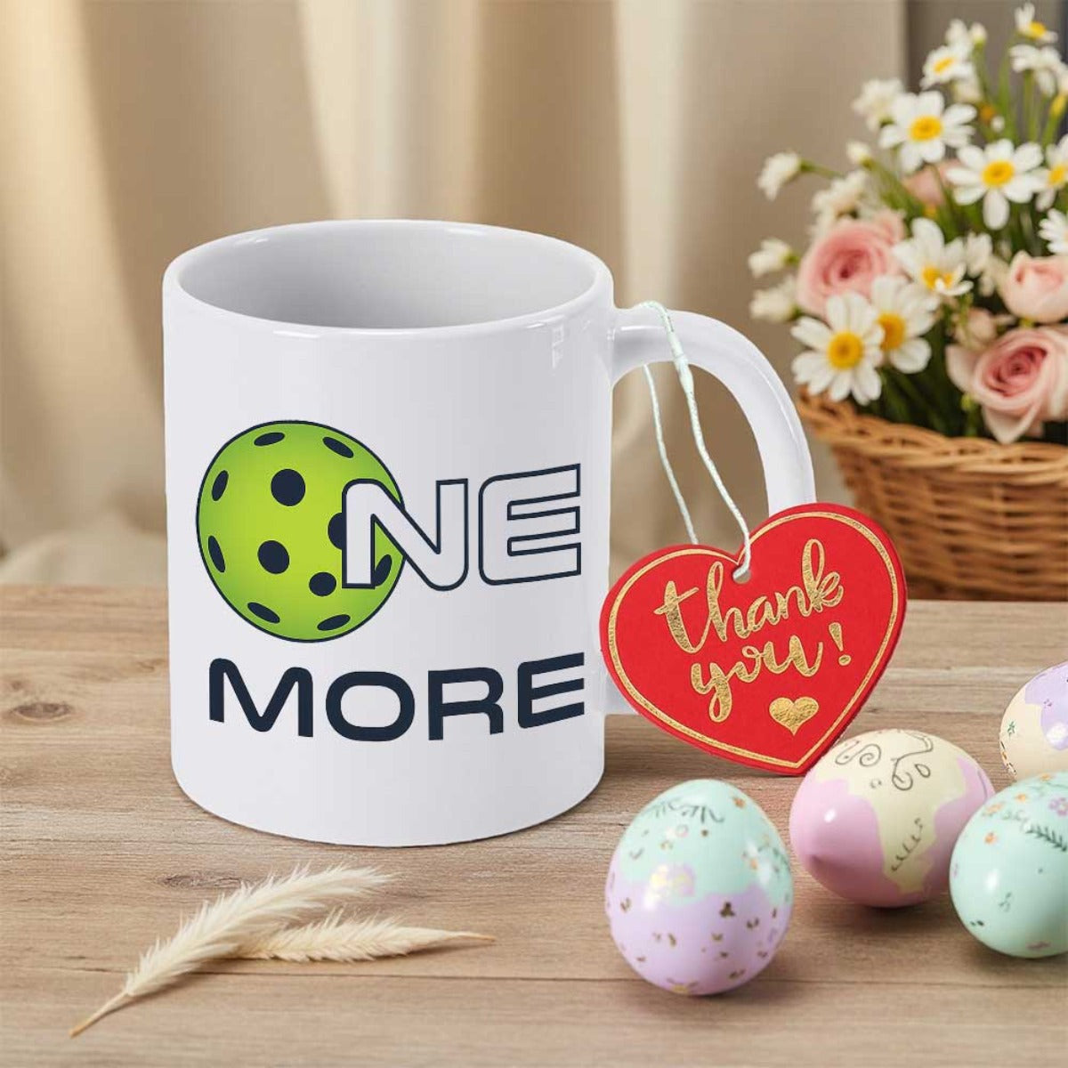 Tailorly White Ceramic 11 oz Mug - One More Vibrant Green Sports Ball With Precise Black Holes And Bold Letters Pickleball