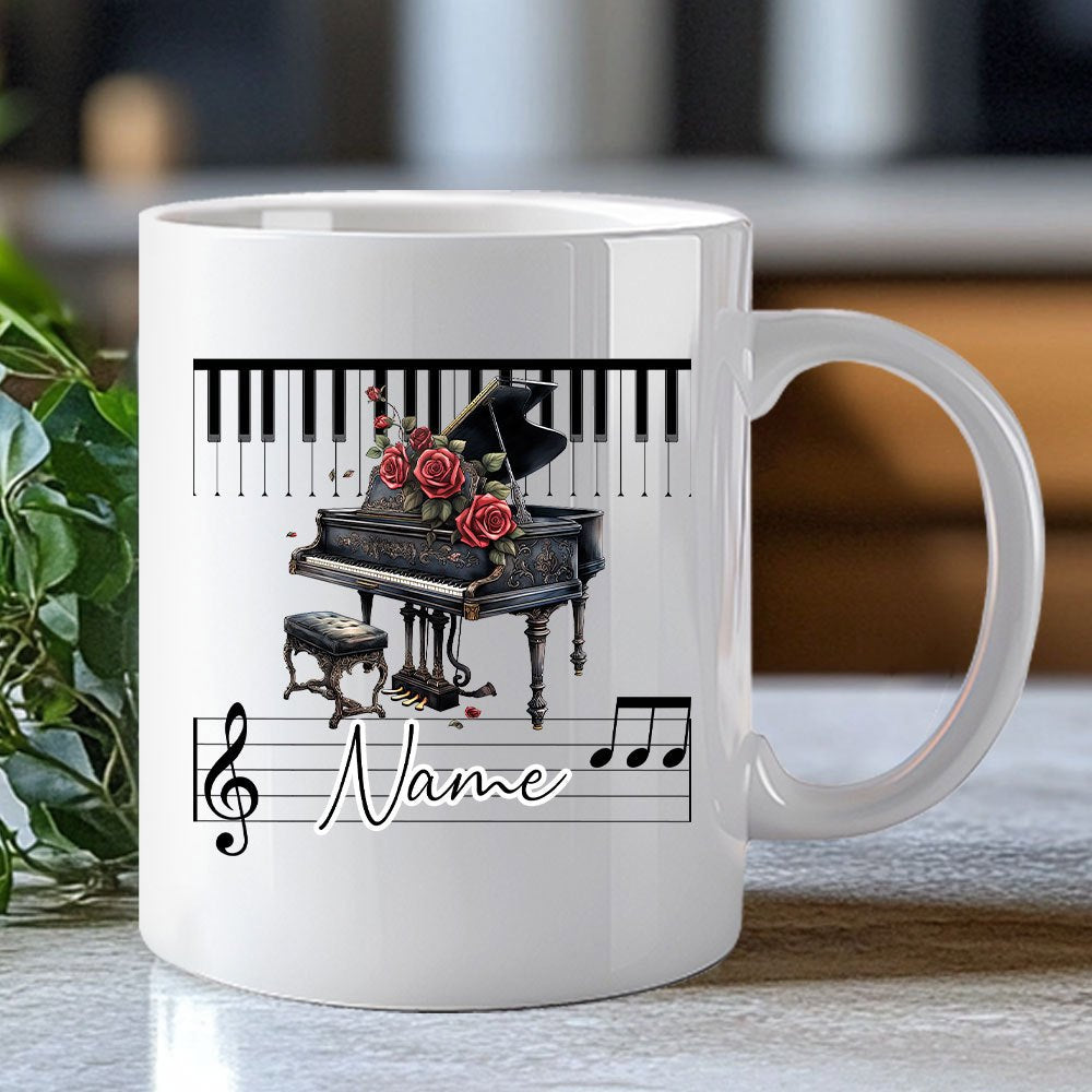 Tailorly White Ceramic 11 oz Mug - Name Elegant Grand Piano With Red Roses And Musical Notes Around Keyboard Piano