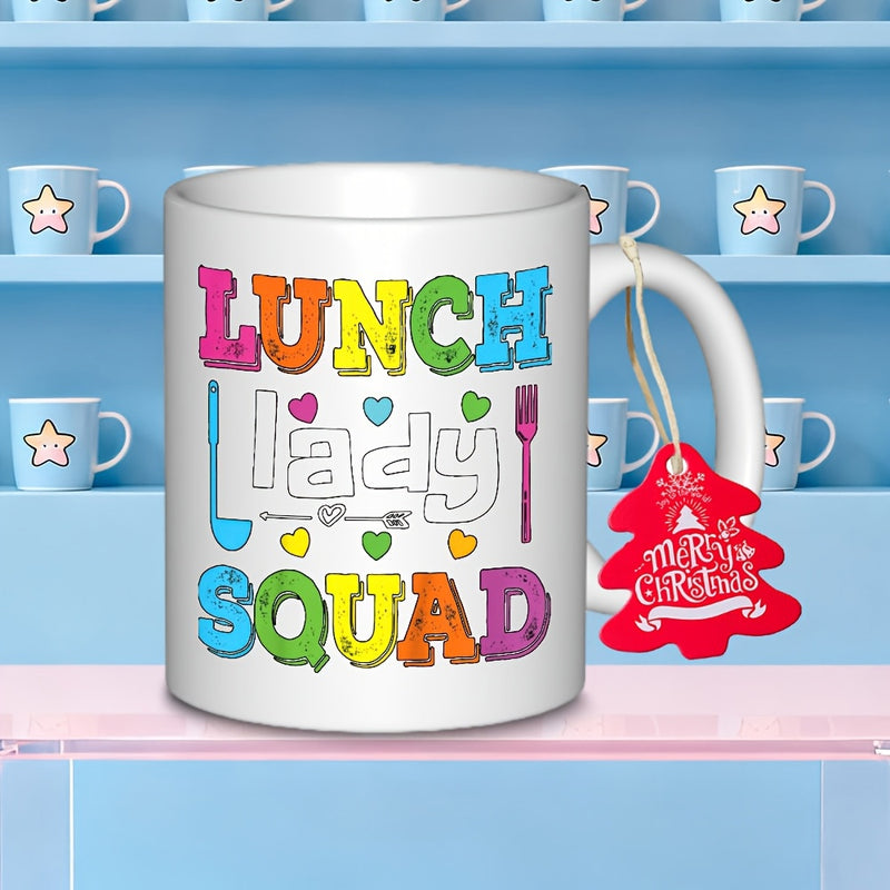 Tailorly White Ceramic 11 oz Mug - Lunch Lady Squad Colorful Block Letters With Kitchen Utensils And Small Hearts Decorating A
