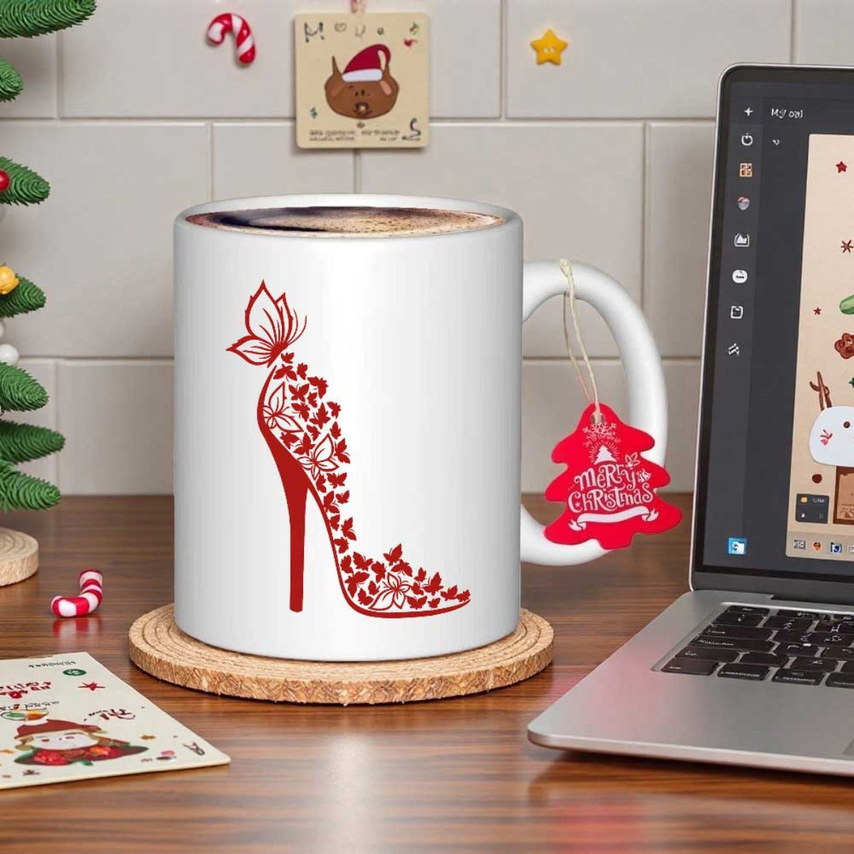Tailorly White Ceramic 11 oz Mug - Elegant Red High Heel Stiletto Silhouette Formed By Delicate Intricate Flying Butterflies Shoe