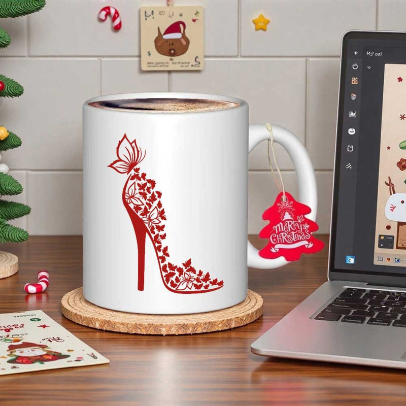 Tailorly White Ceramic 11 oz Mug - Elegant Red High Heel Stiletto Silhouette Formed By Delicate Intricate Flying Butterflies Shoe