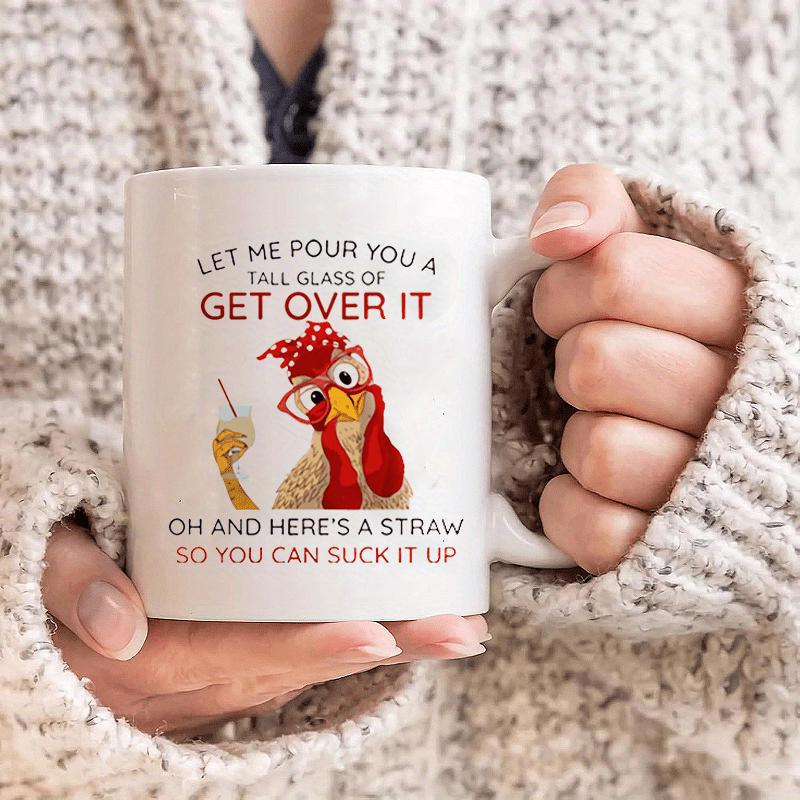 Tailorly White Ceramic 11 oz Mug - Let Me Pour You A Tall Glass Of Get Over It Oh And Heres A Straw So You Can Suck It Up Quirky Wearing Red Glasses And Polka Dot