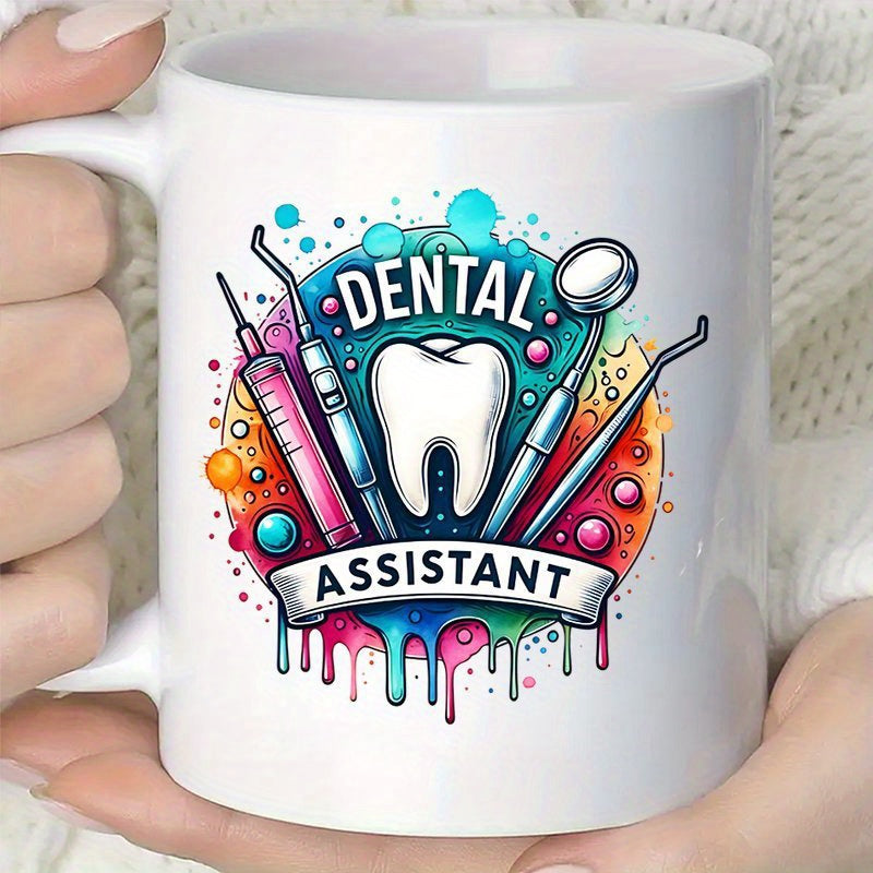 Tailorly White Ceramic 11 oz Mug - Dental Assistant Colorful Paint Splatters Surrounding Professional Tools And A Central Human Tooth