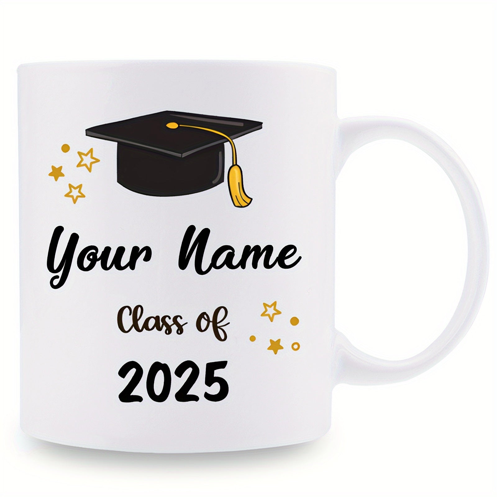 Tailorly White Ceramic 11 oz Mug - Your Name Class Of 2025 Academic Mortarboard With Gold Tassel Surrounded By Small Twinkling Stars Cap