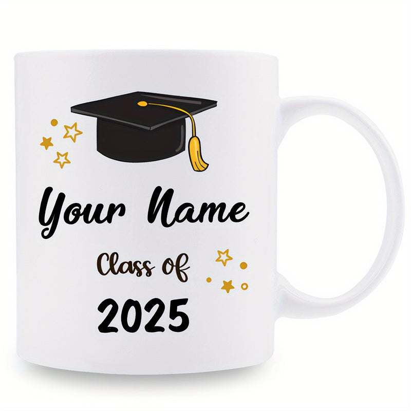 Tailorly White Ceramic 11 oz Mug - Your Name Class Of 2025 Academic Mortarboard With Gold Tassel Surrounded By Small Twinkling Stars Cap