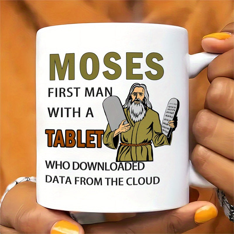 Tailorly White Ceramic 11 oz Mug - Moses First Man With A Tablet Who Downloaded Data From The Cloud Wise Bearded Figure Standing With Two Ancient Sacred Stone