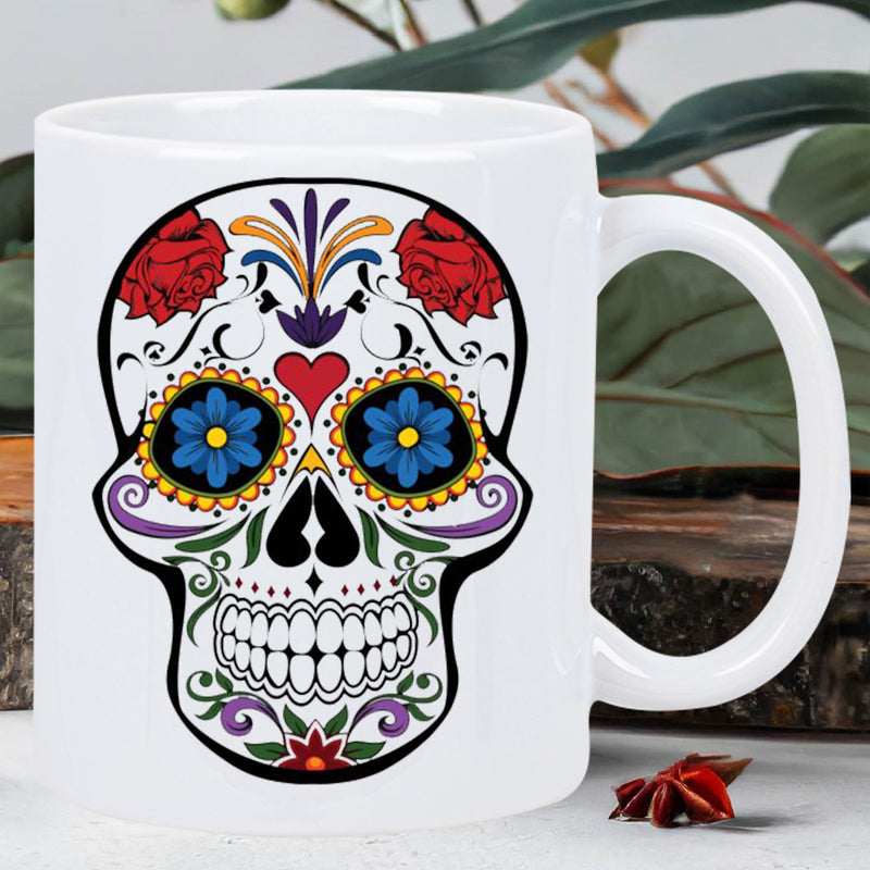 Tailorly White Ceramic 11 oz Mug - Vibrant Mexican Sugar Skull Featuring Red Roses And Blue Eye Flowers Ornate Skull