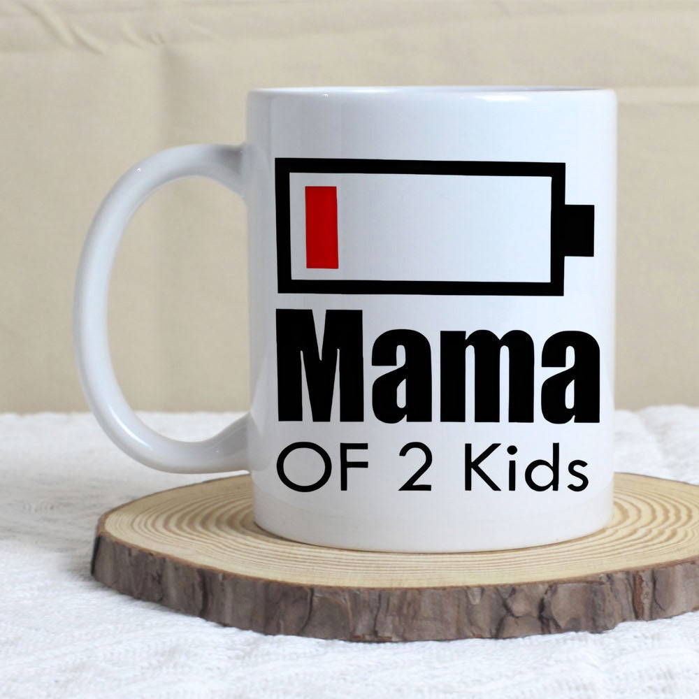 Tailorly White Ceramic 11 oz Mug - Mama Of 2 Kids Depleted Battery Icon Featuring A Single Bold Red Power Bar Battery