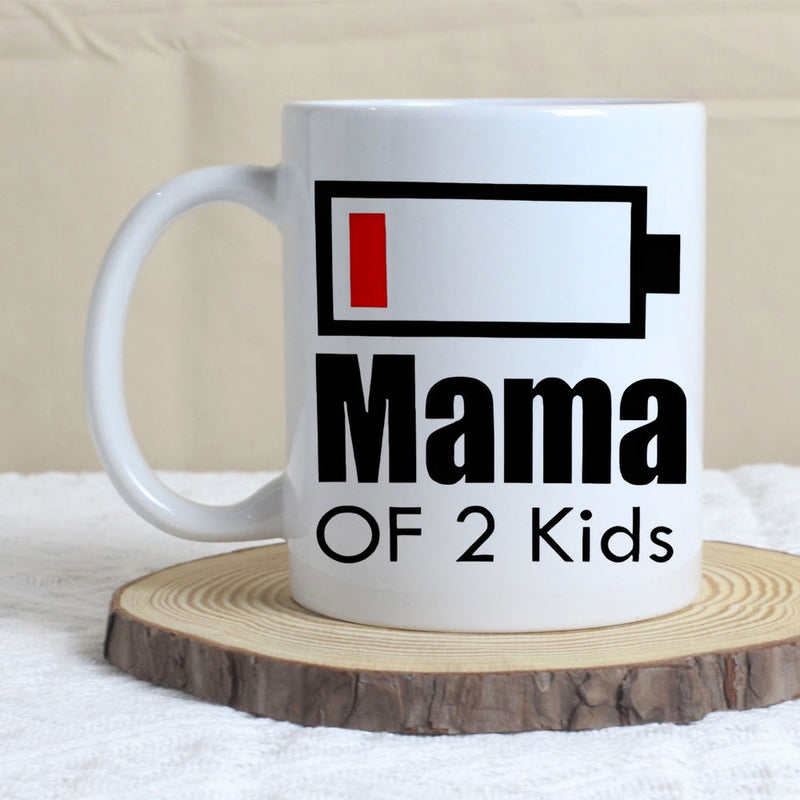Tailorly White Ceramic 11 oz Mug - Mama Of 2 Kids Depleted Battery Icon Featuring A Single Bold Red Power Bar Battery
