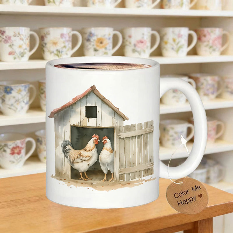 Tailorly White Ceramic 11 oz Mug - Color Me Happy Rustic Watercolor Barn Scene With Two White Farm Chickens Together Chicken