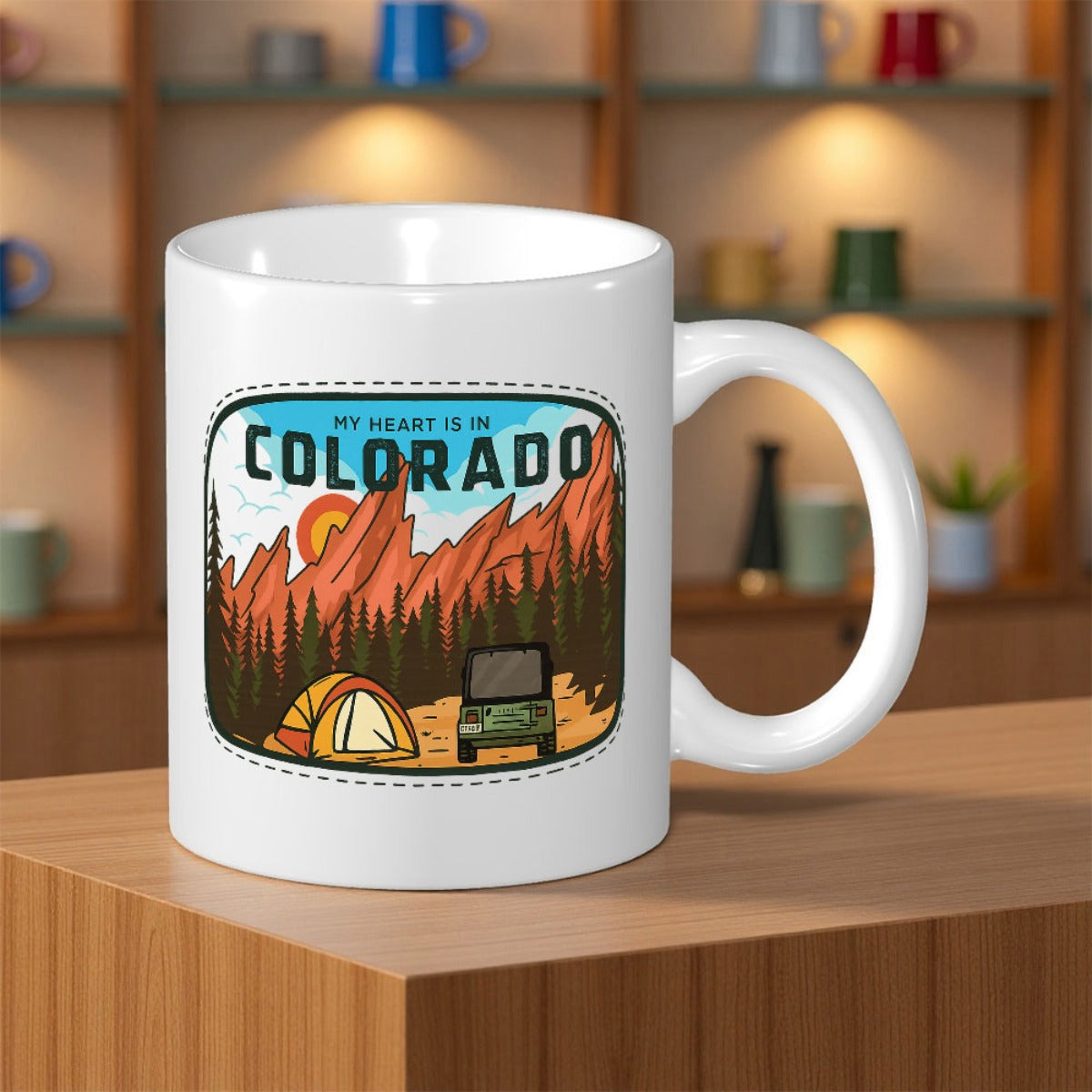 Tailorly White Ceramic 11 oz Mug - My Heart Is In Colorado Scenic Camping Scene With Offroad Vehicle And Tent Under Red Rock Mountain