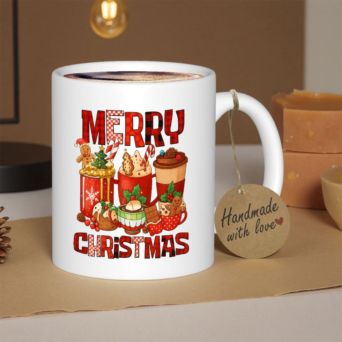 Tailorly White Ceramic 11 oz Mug - Merry Christmas Cozy Hot Cocoa Mugs With Festive Toppings And Red Buffalo Plaid Mug