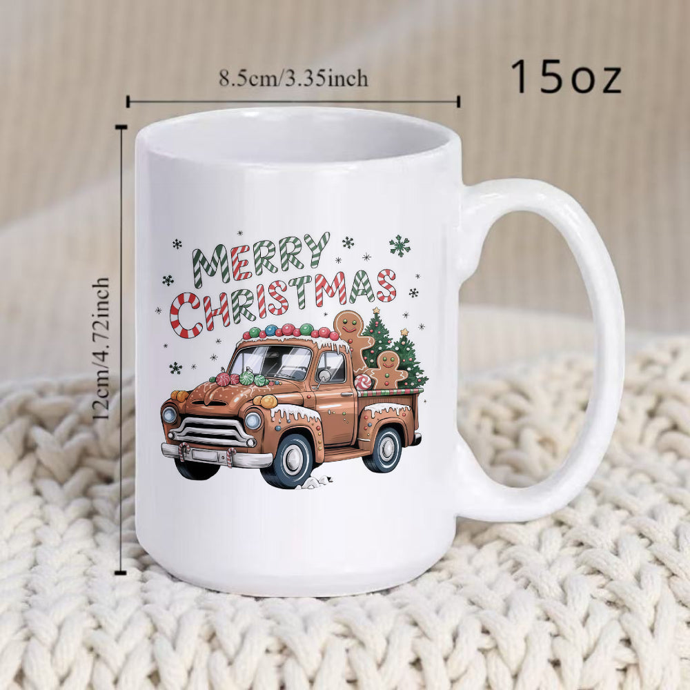 Tailorly White Ceramic 11 oz Mug - Merry Christmas Vintage Brown Vehicle Carrying Gingerbread Men Among Snowy Pine Truck