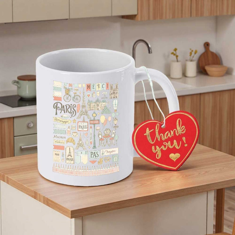 Tailorly White Ceramic 11 oz Mug - Paris Thank You Vintage Illustration Of Landmarks And Flowers On White Ceramic Surfaces Mug