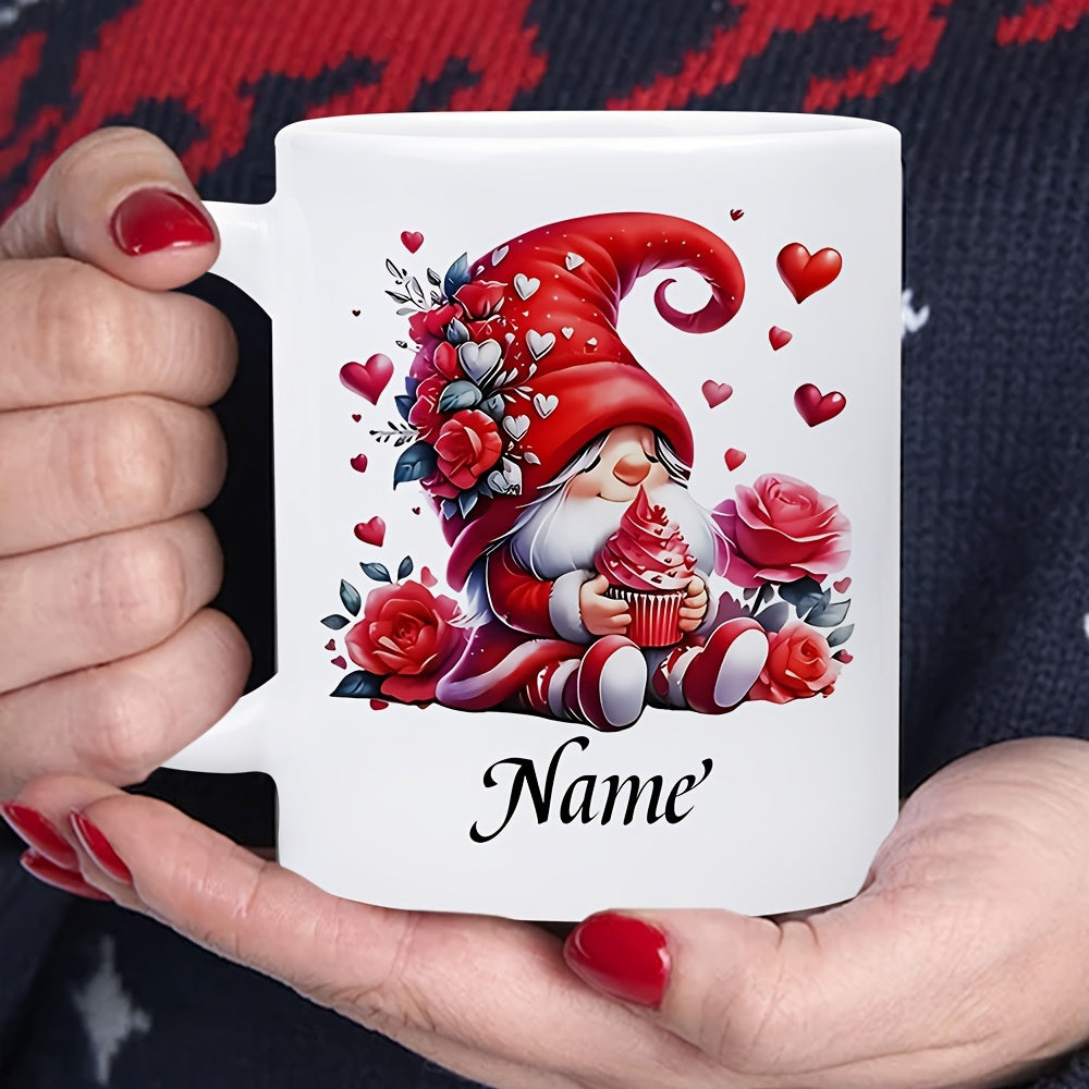 Tailorly White Ceramic 11 oz Mug - Name Adorable Valentine Illustration With Red Floral Hat And Sweet Heart Cupcake Gnome
