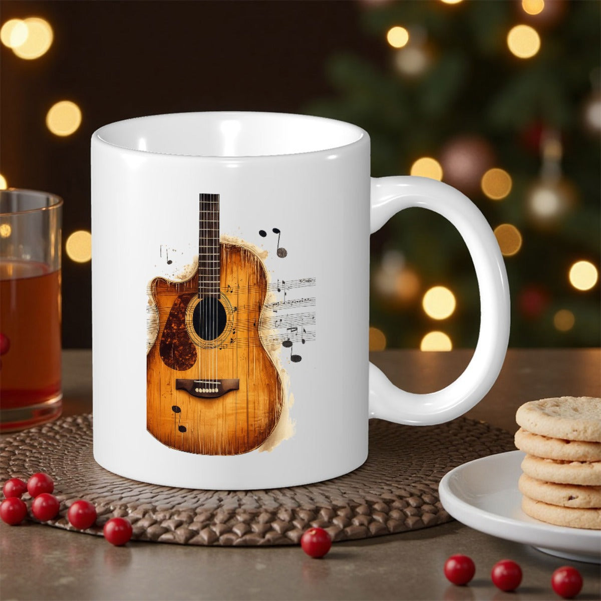 Tailorly White Ceramic 11 oz Mug - Artistic Vintage Wooden Body Featuring Floating Melodic Musical Notes Guitar